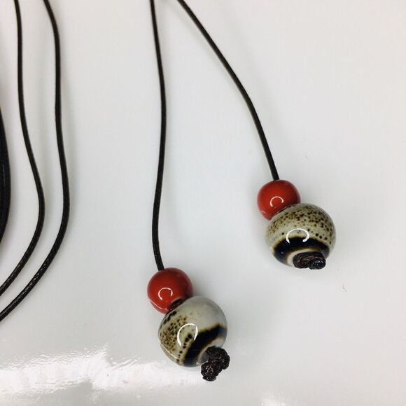 Tribal Boho Necklace Ceramic South West Leather Cord Red Blue Brown ooak 4419 - Picture 4 of 9